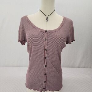 Hollister Burgundy Stripe Button Up Top Ribbed Knit Casual Fitted Tee‎
